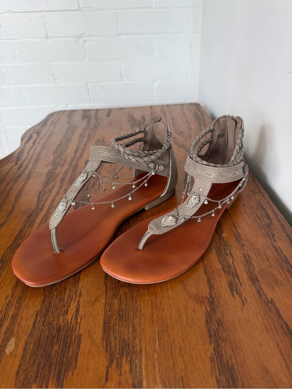 Jellypop Taupe Braided Gladiator Thong Sandals with Beaded Chains